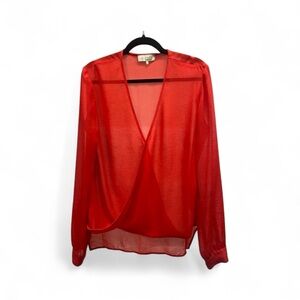 WAYF Sheer Red V-Neck Blouse - Size: Large